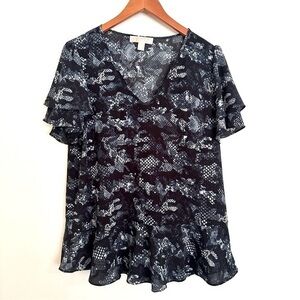 Michael Kors Blue and White Snakeskin print top with Ruffles Size Large